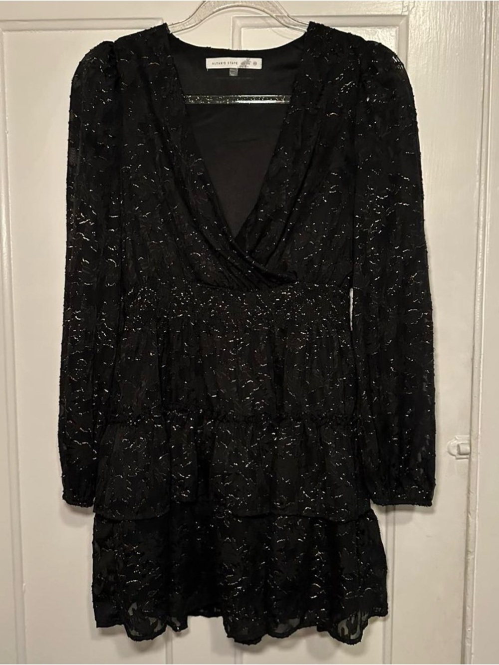 Altar'd State Black Long-Sleeve Sparkle Tiered Dress